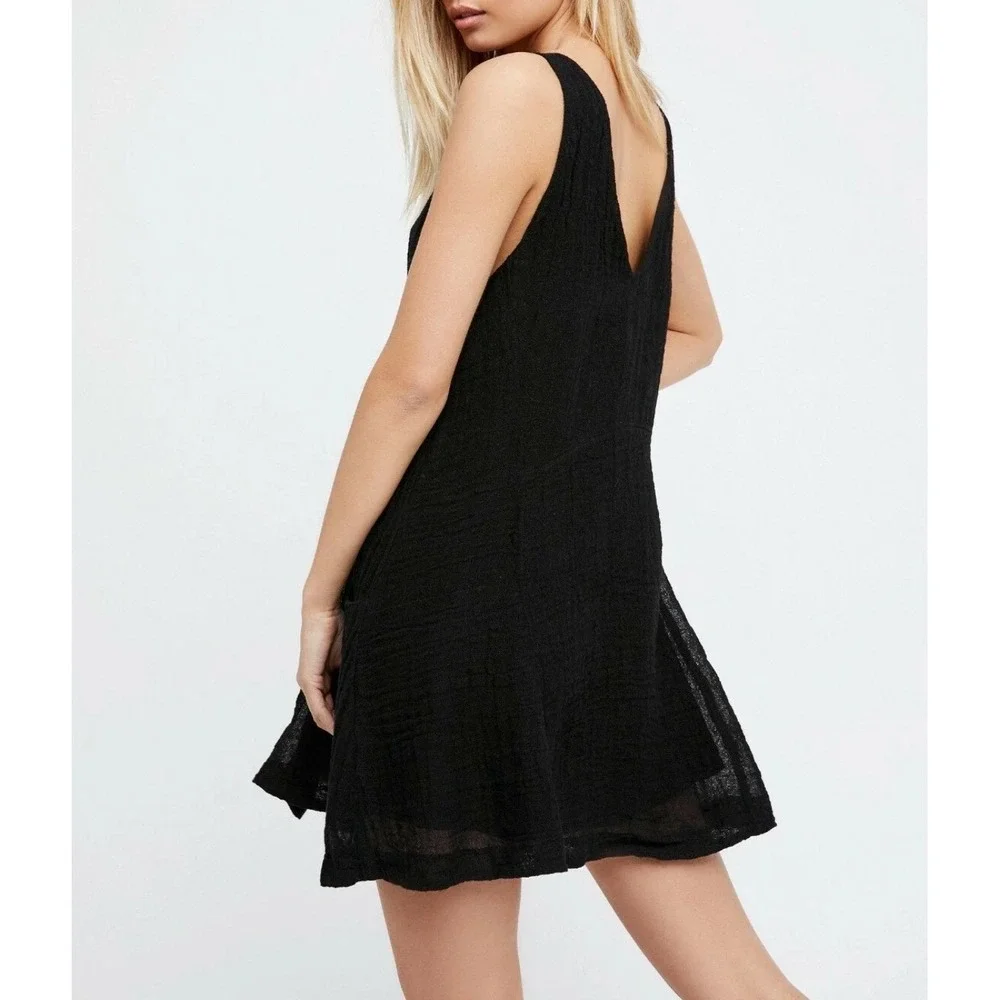 Free People XS Black Smooth Sailing Mini Dress Linen Gauze‎ Fabric Big Pockets